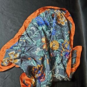 Floral Silk Scarf with Orange Border